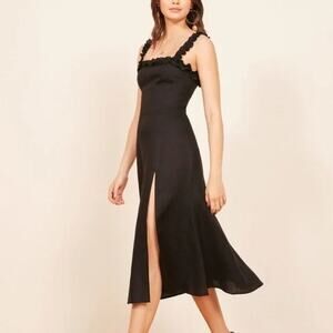 Reformation Black 100% Linen Midi Dress 6 – Ruffle Strap Old Money‎ Quiet Luxury